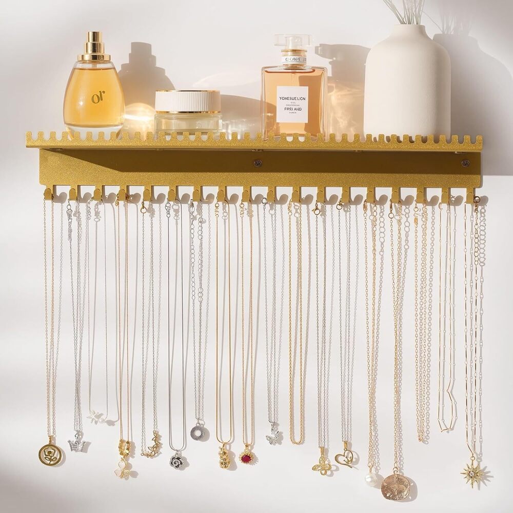 Necklace Holder Wall Hanging Organizer: Wall Mounted Jewelry Shelf with